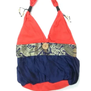 Handmade Red and Navy Blue Bohemian Shoulder Bag with Brocade Accent - Handmade shoulder bag